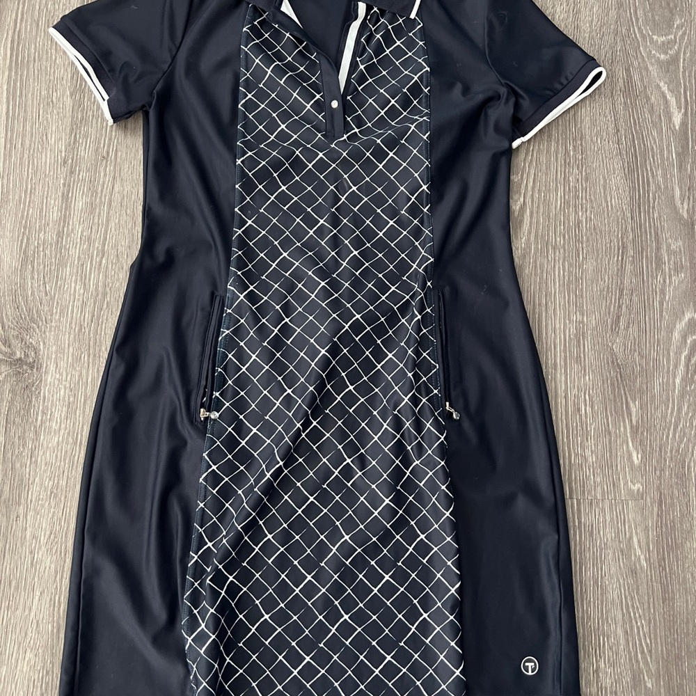 Tribal Navy and White Geometric Polo Golf collar Dress pockets Medium Ladies